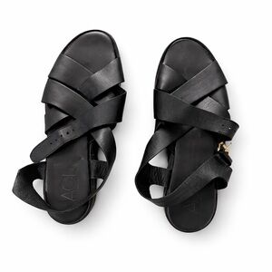 Agl Black Leather Crisscross Strap Sandals with Gold Buckle